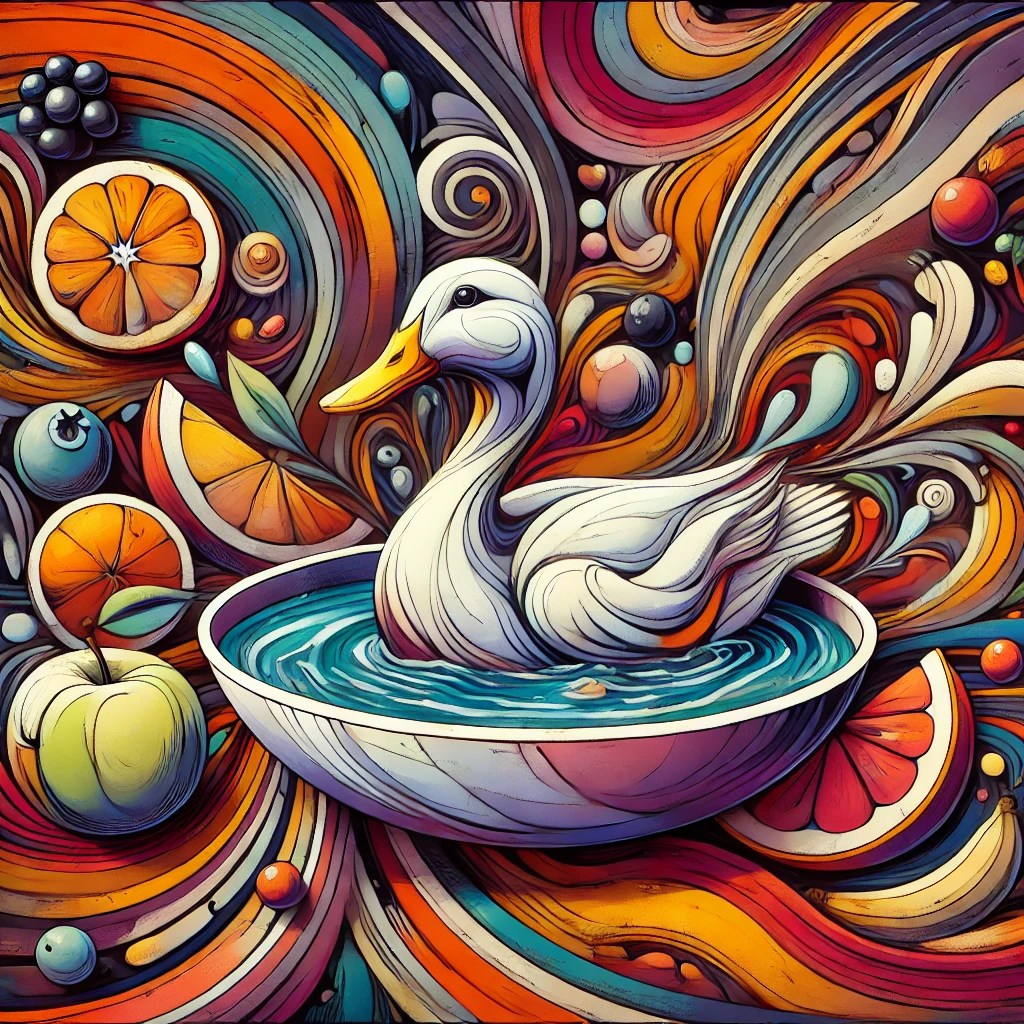 abstract image of a duck inside a pool of fruits, filled with vibrant colors and dynamic shapes.