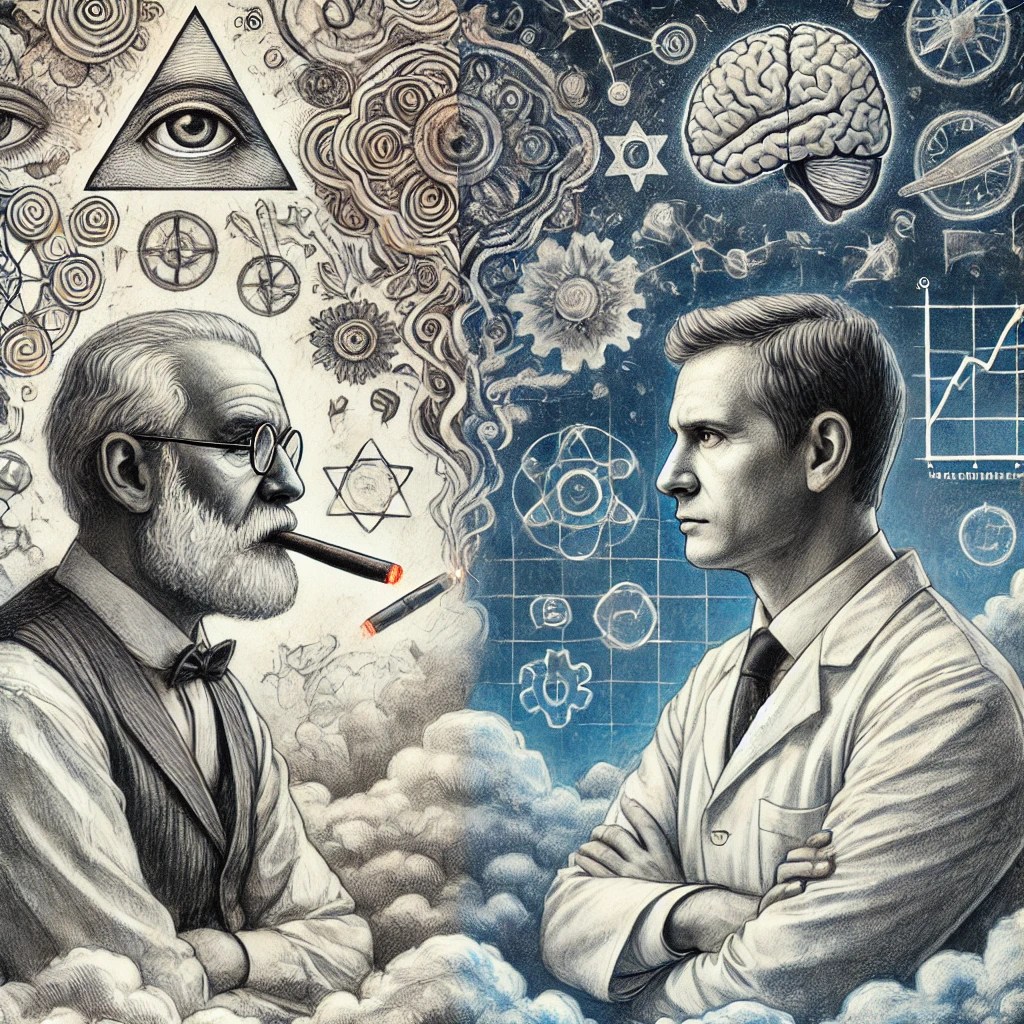 sketch with the old bearded psychologist smoking a cigar. The depiction emphasizes the contrast between the two psychological approaches