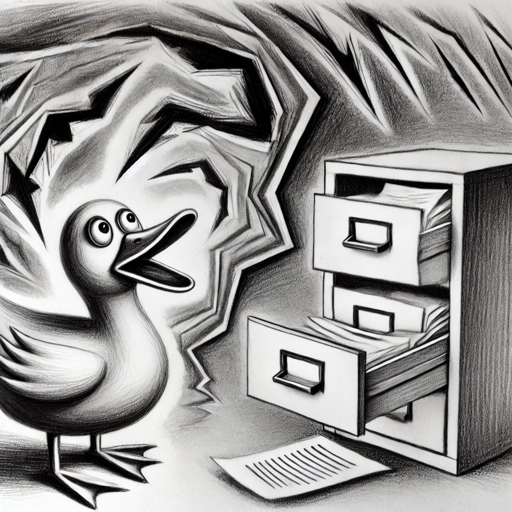 abstract pencil sketches depicting a confidentiality breach with a duck. The scenes highlight the issue with dynamic lines and abstract shapes.