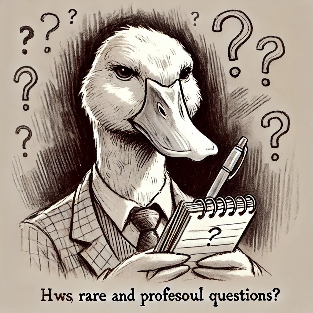 A serious sketch of a duck with an intense expression, holding a notepad and pen, asking rare and profound questions