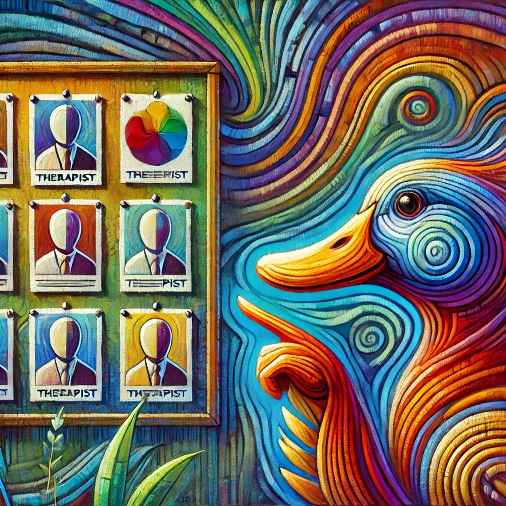 abstract image of a duck selecting a therapist, depicted with vibrant colors and geometric shapes