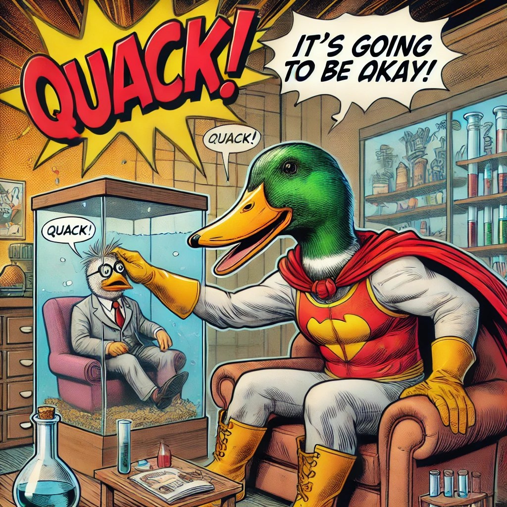 comic-book-style-action-scene-featuring-a-duck-petting-a-tiny-psychologist-who-lives-inside-a-terrarium