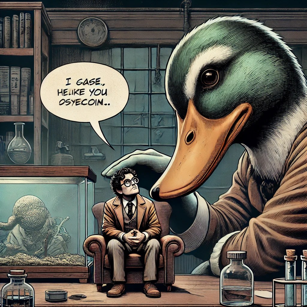 serious-comic-book-style-scene-featuring-a-duck-petting-a-tiny-psychologist-who-lives-inside-a-terrarium