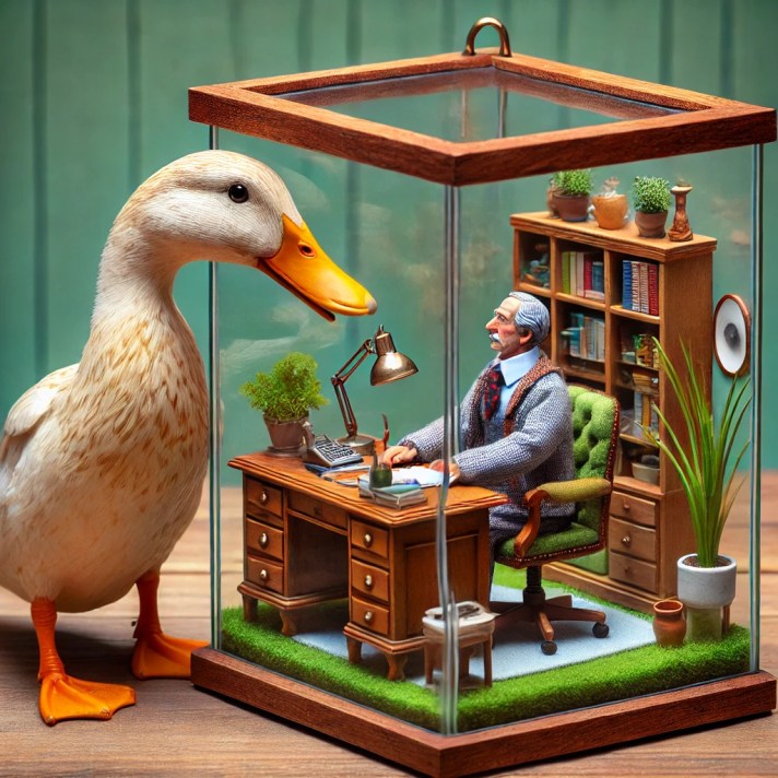 whimsical scene of the duck petting the psychologist inside a terrarium with a miniature office