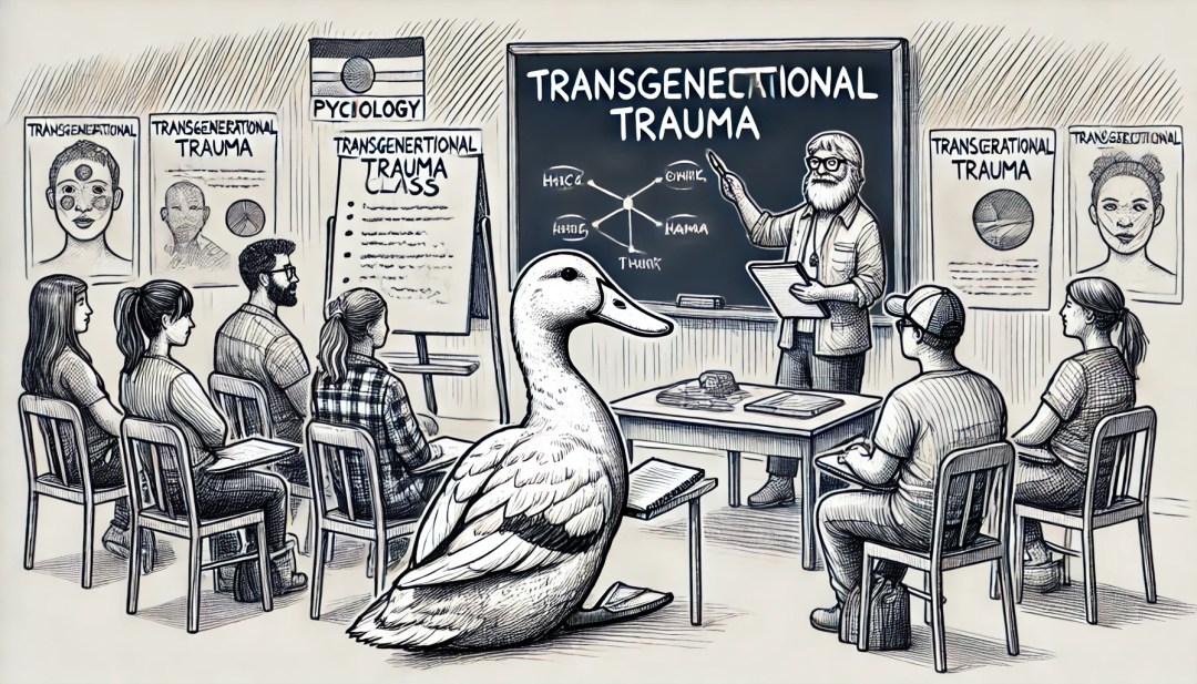 sketch-style banner image featuring a duck participating in a transgenerational trauma class with human participants.