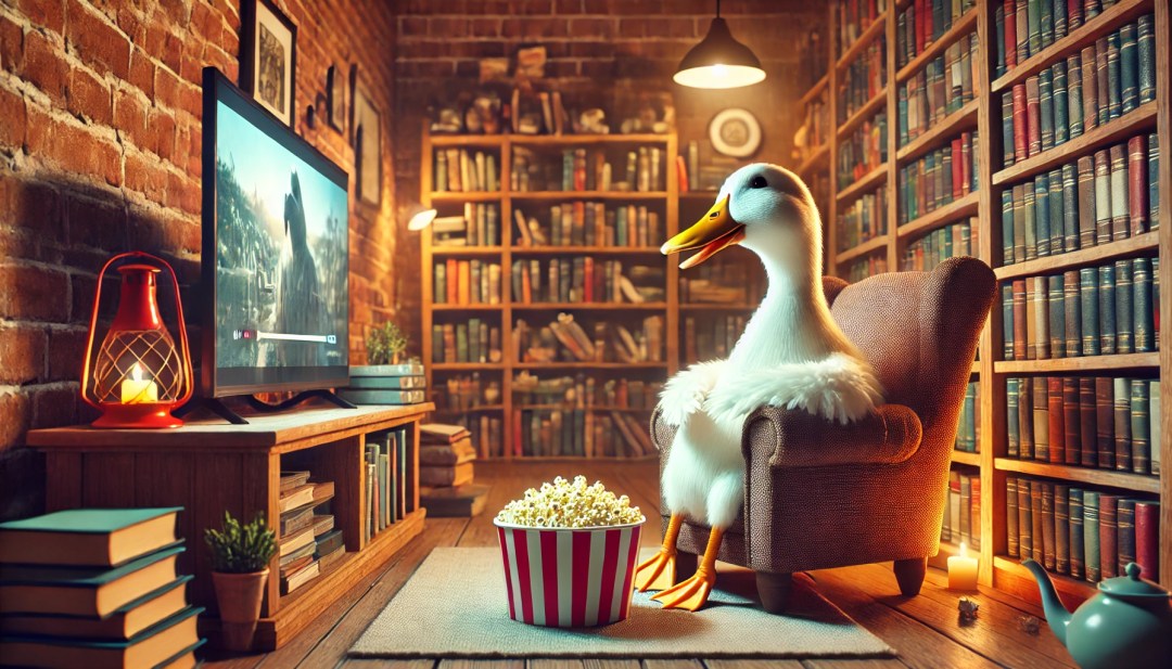 image of a duck comfortably watching a movie in a cozy room filled with books