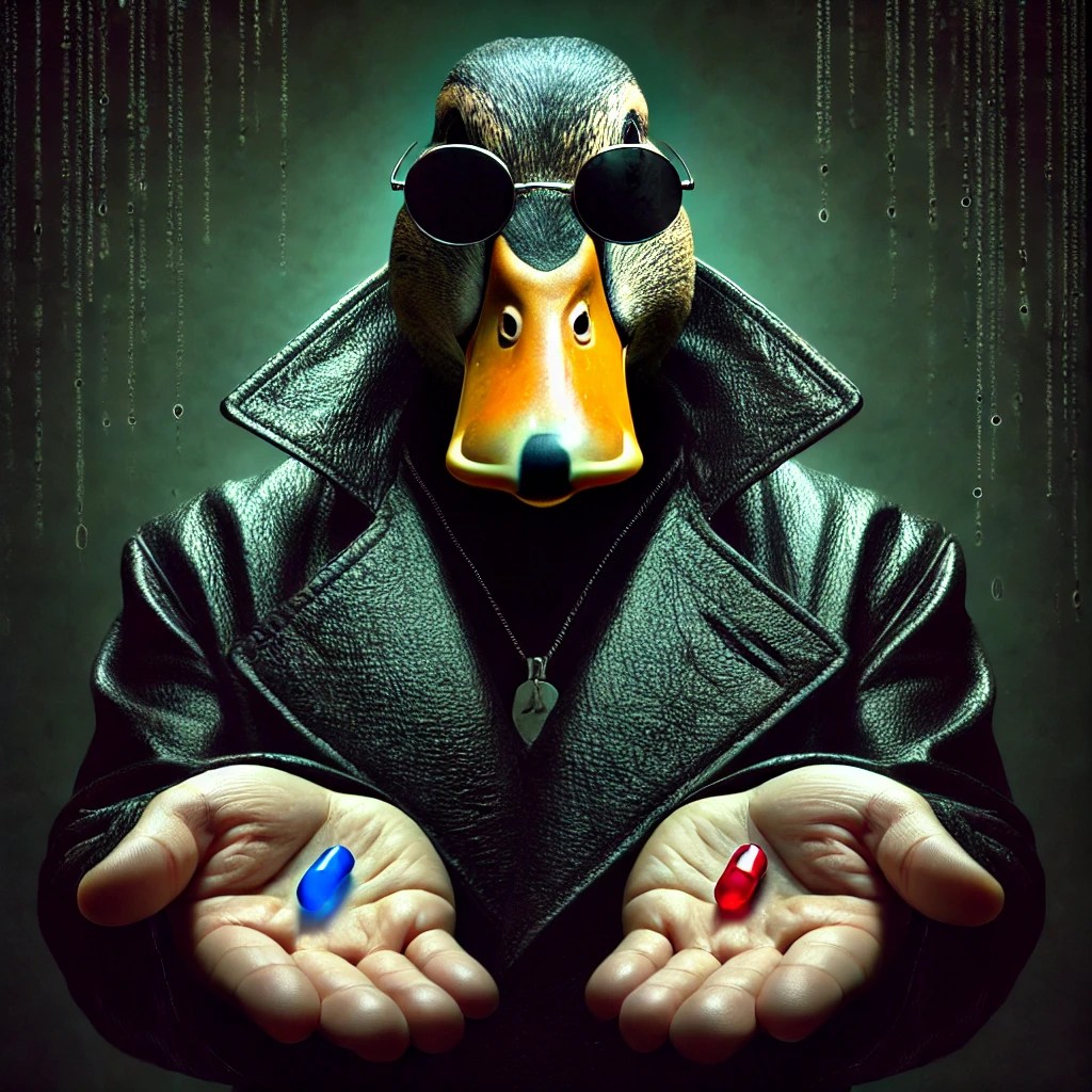 image of a duck in the style of Morpheus from The Matrix, offering a blue pill and a red pill.