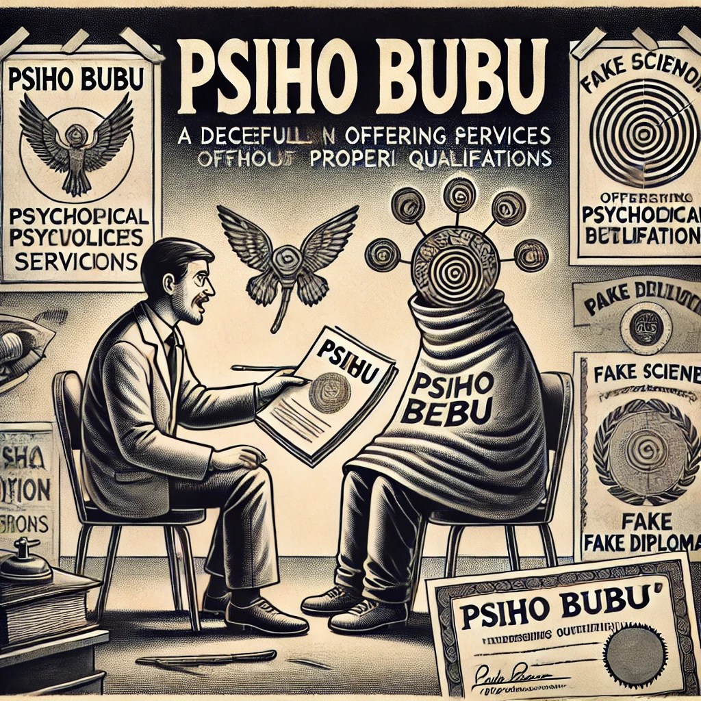 - An image depicting a 'psiho bubu,' a deceitful person offering psychological services without proper qualifications.
