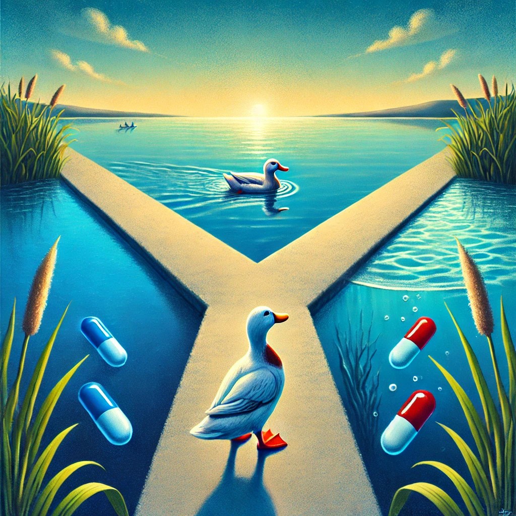 a-duck-at-a-crossroads-in-a-serene-pond-with-two-distinct-paths-ahead.