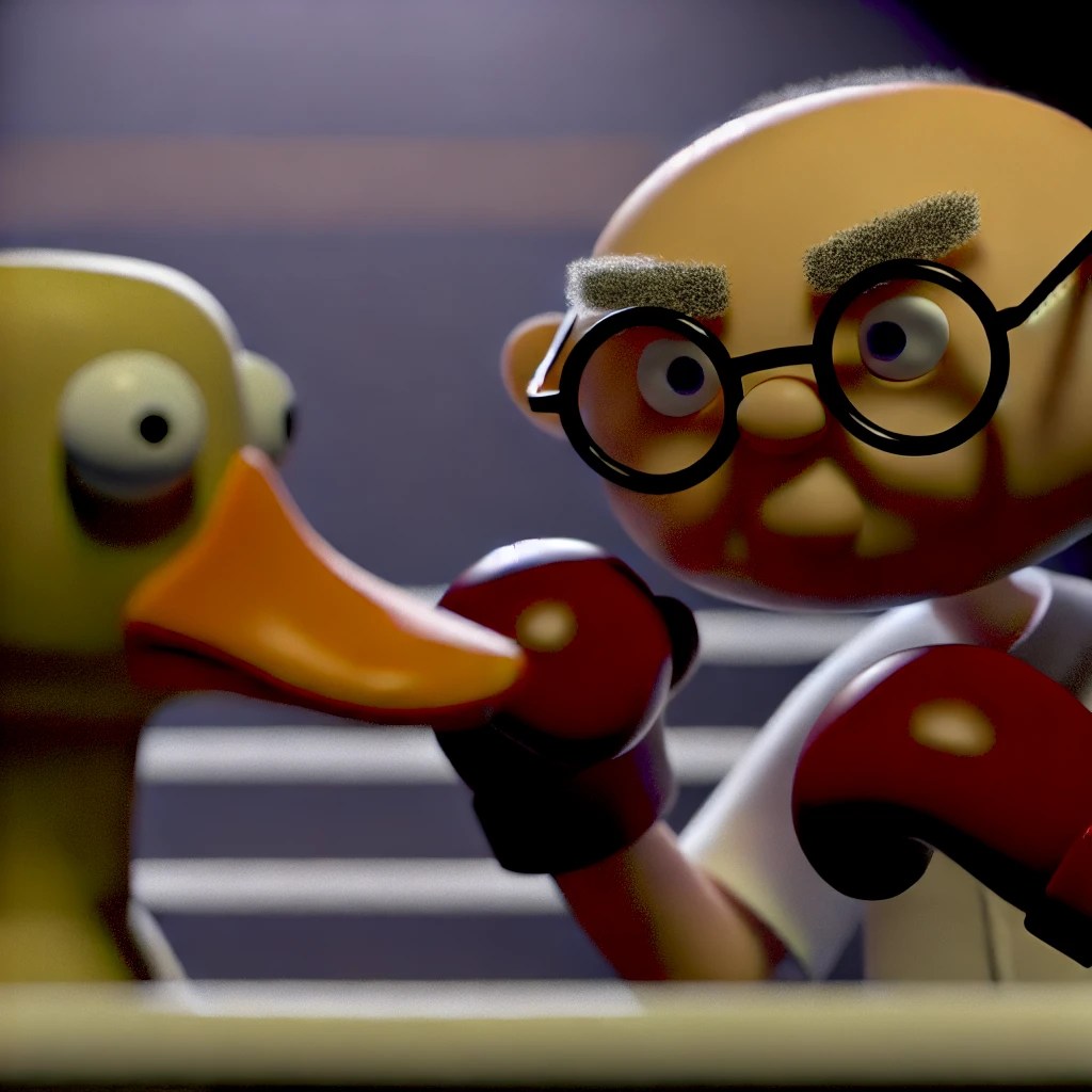 A cartoon character with a big head, bald, wearing glasses, boxing a duck in a confrontational and sober manner.