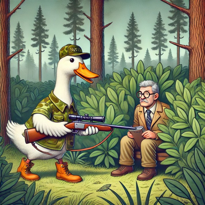 A humorous scene in a dense forest where a duck is hunting a psychologist. The duck is dressed in a hunting outfit and holding a small rifle