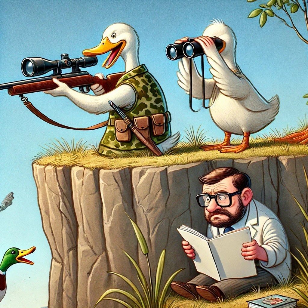 Ducks hunting a psychologist.