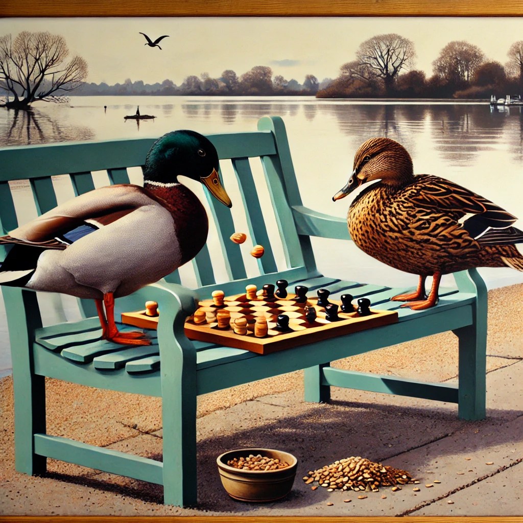 ducks playing checkers and eating seeds by the lake