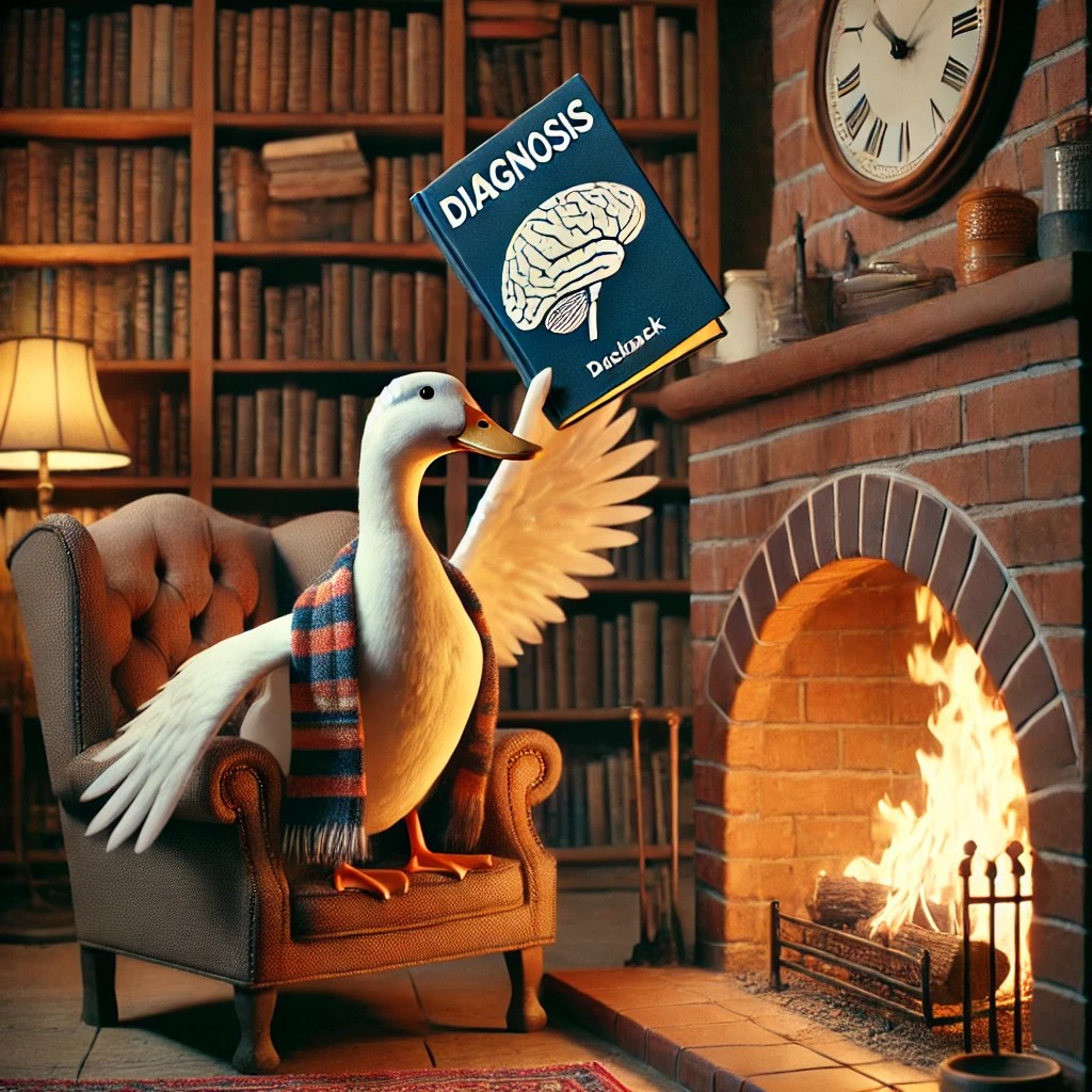 A duck sitting in a cozy library, throwing a diagnosis book with a brain drawn on its cover into a fireplace.