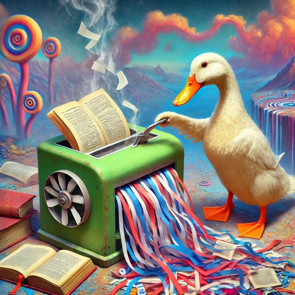 the book shreds fusing together to form a different book as they come out of the other end of the shredder.