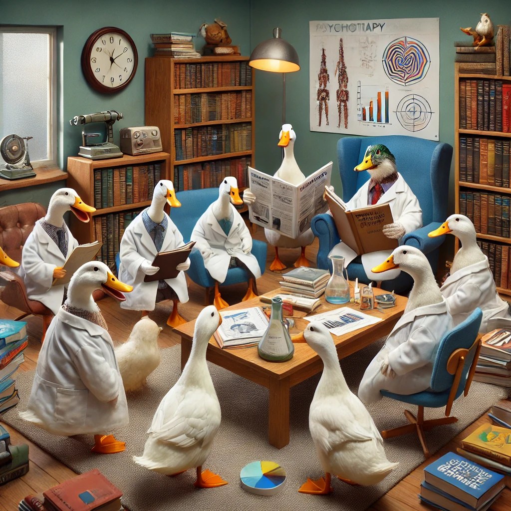 A group of ducks dressed as researchers in a psychotherapy session. They are surrounded by books and scientific equipment