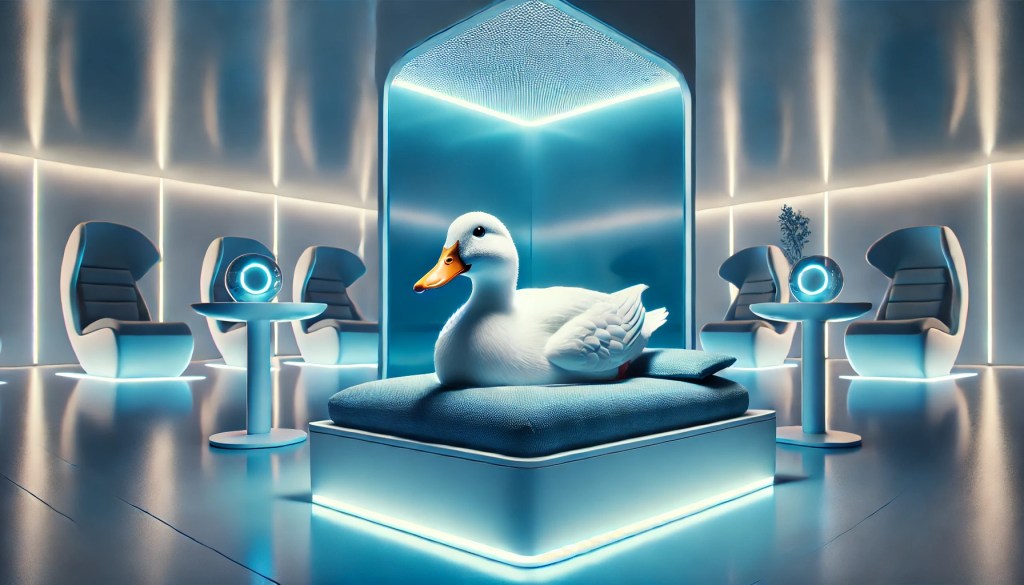 A duck receiving Blu Room therapy treatment in a modern, sleek room.