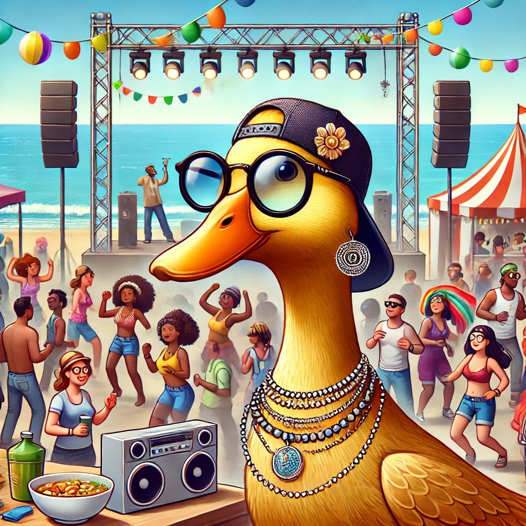 A stylish duck wearing glasses and jewelry, enjoying a lively festival by the sea.