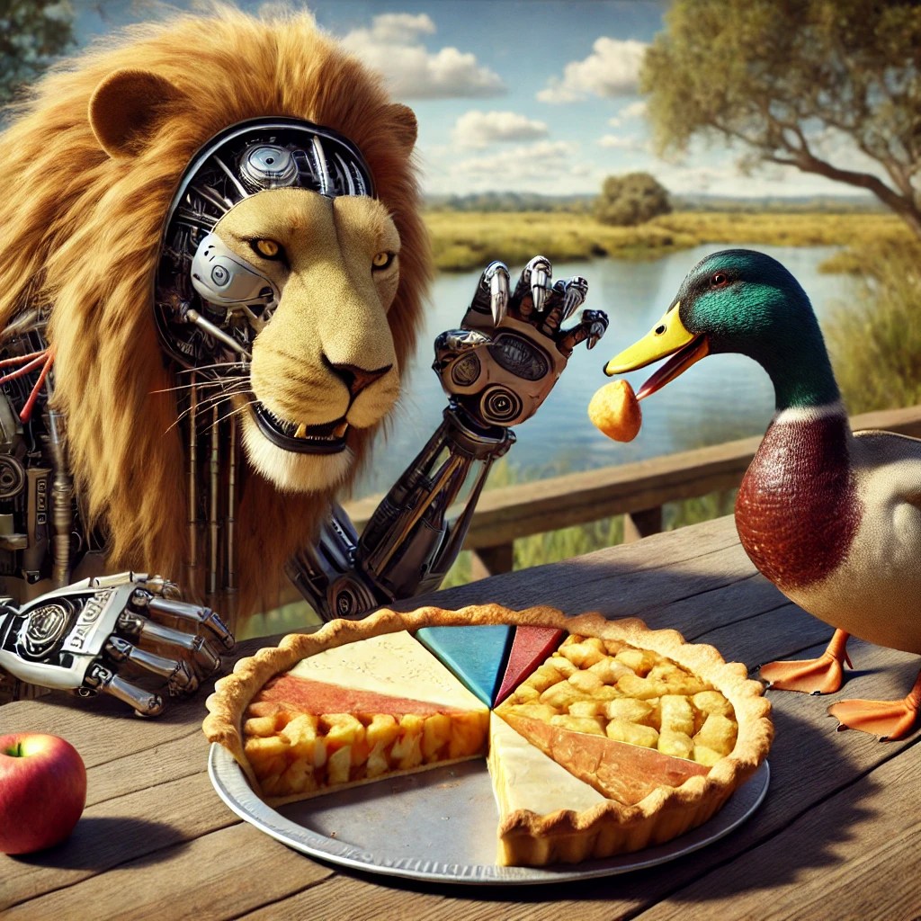 A photorealistic image of an animatronic lion and a duck eating a pie chart-shaped apple pie