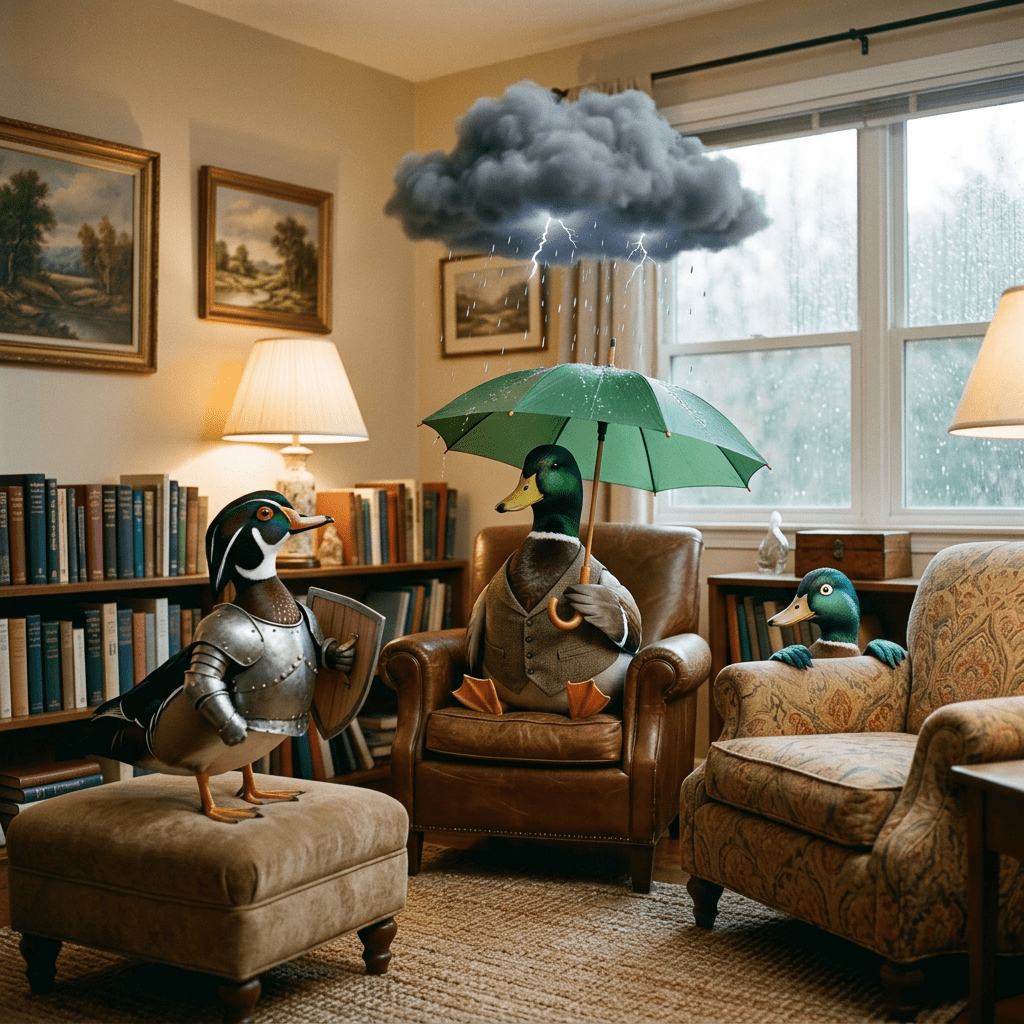 Three ducks in a library, one holding an umbrella beneath a raining storm cloud